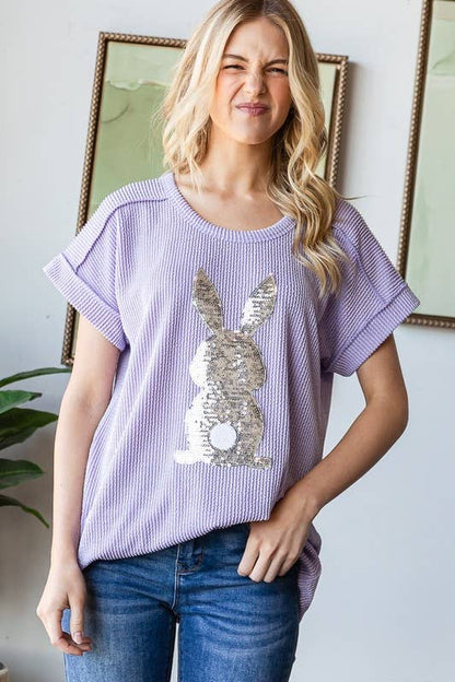 ET7822-10 SHORT SLEEVE SOLID URBAN RIBB TOP WITH RABBIT