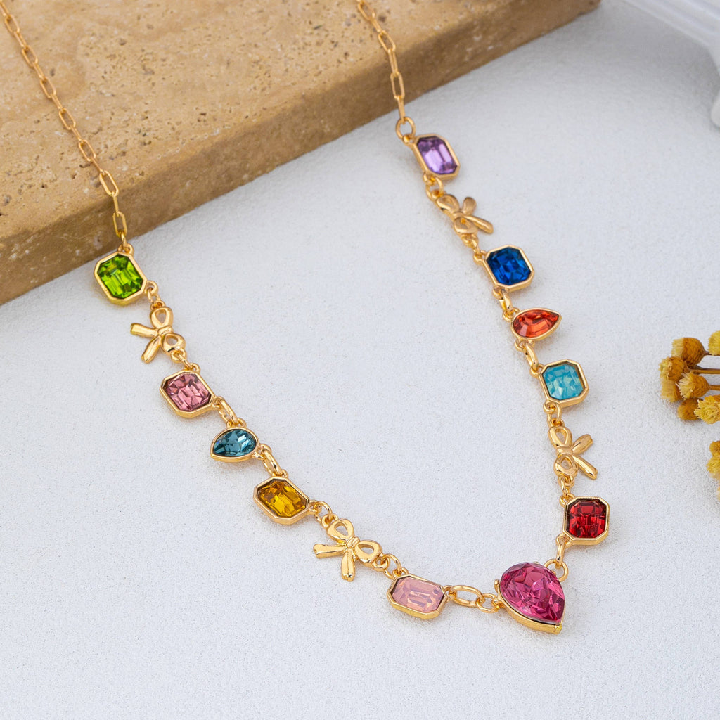 Multi color Teardrop Square Crystal Bow Necklace | 80N93253