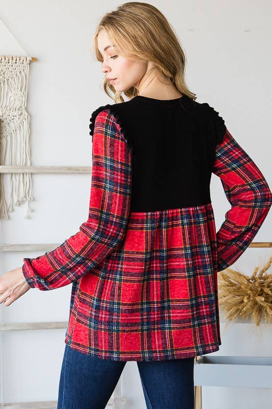 ET6757-13 SOLID AND MULTI COLOR PLAID BABYDOLL TOP