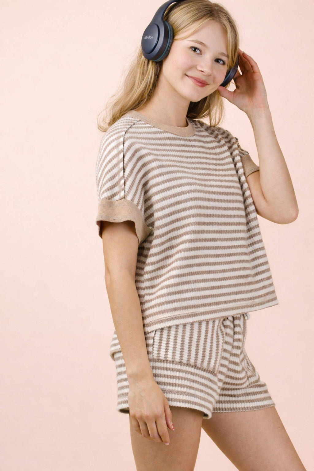 NT12480SET-Striped Comfy Knit Top & Shorts Set
