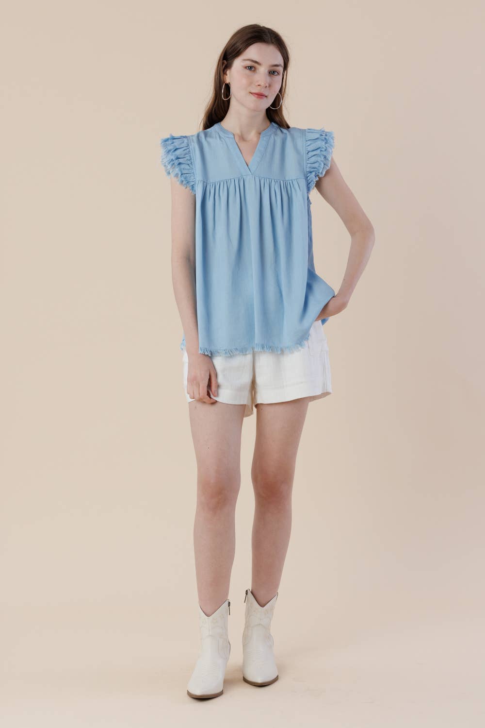Pre-Washed Tencel Denim Frayed Ruffle Cap Sleeve Top