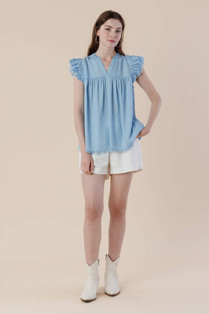 Pre-Washed Tencel Denim Frayed Ruffle Cap Sleeve Top