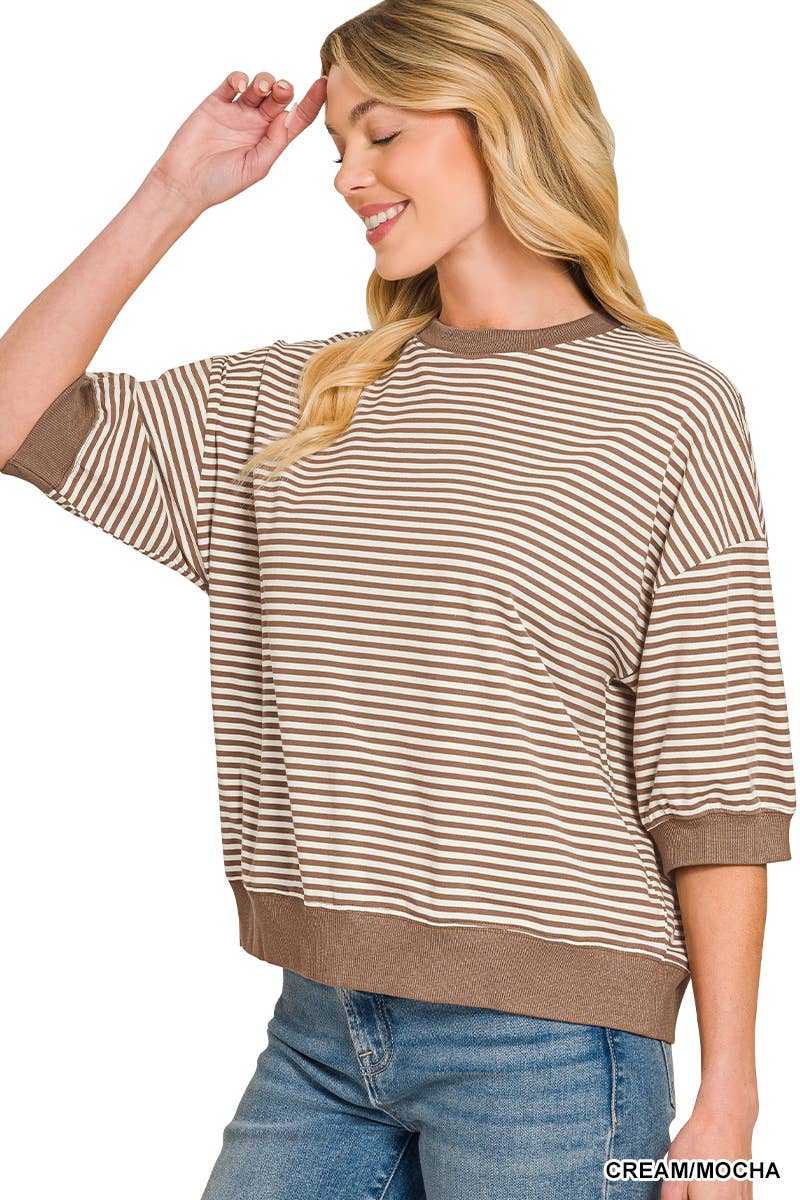 Striped Contrast Trim Banded Bottom Top - Zenana