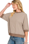 Striped Contrast Trim Banded Bottom Top - Zenana
