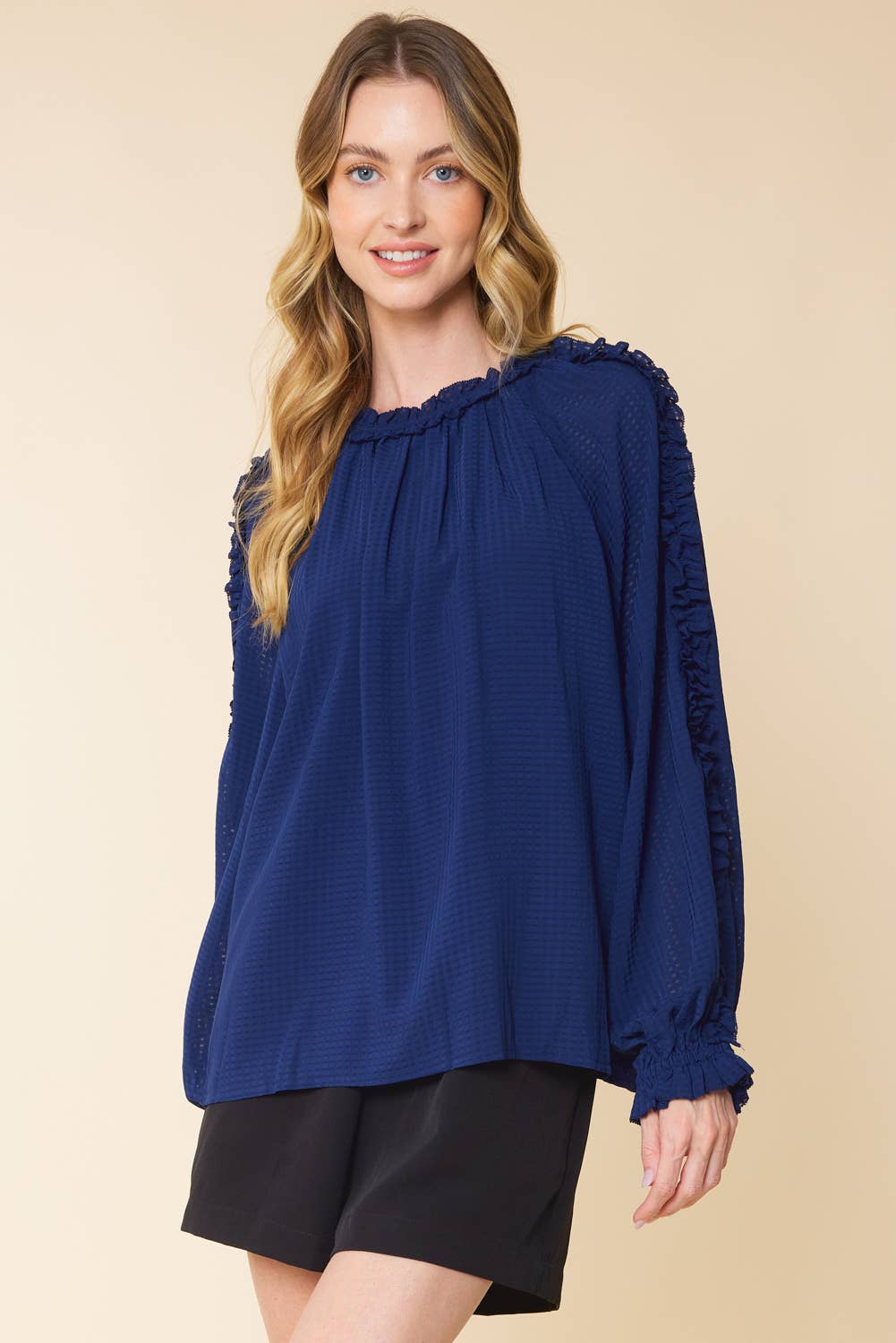 IT3464 - BURNOUT GINGHAM RUFFLED LONG SLEEVES TOP