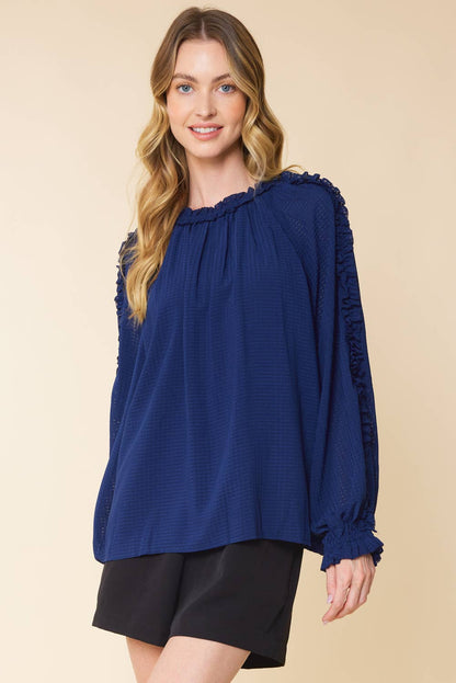 IT3464 - BURNOUT GINGHAM RUFFLED LONG SLEEVES TOP