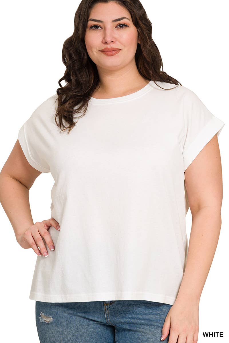 Plus Round Neck Folded Short Sleeve T Shirt - Zenana