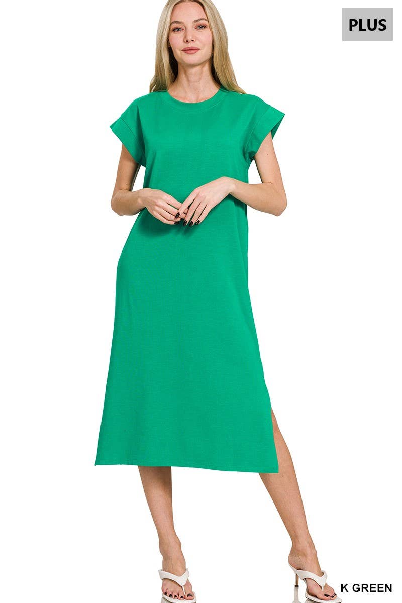 0624 Plus Round Neck Short Sleeve Midi Dress w/ Side Slit SI-2728