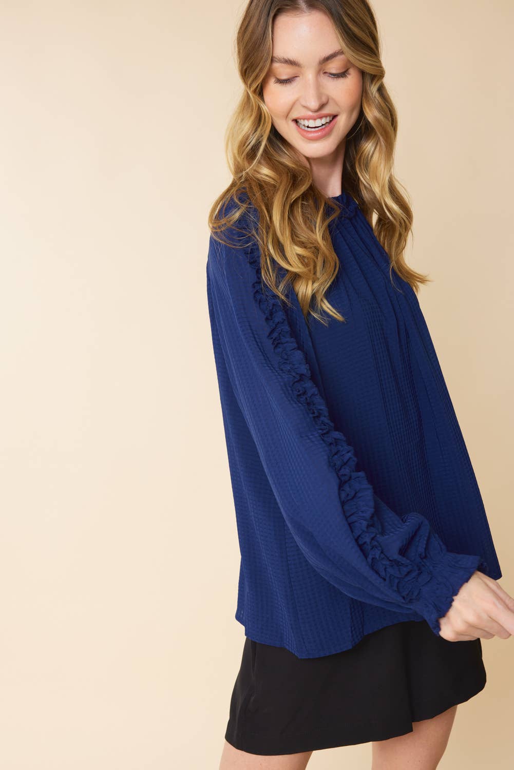 IT3464 - BURNOUT GINGHAM RUFFLED LONG SLEEVES TOP