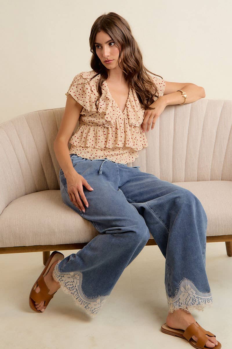LACE TRIM WIDE LEG ELASTIC MID RISE DENIM PANTS