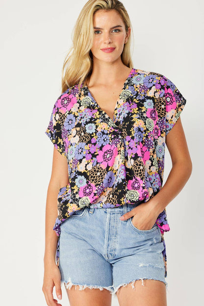 ST3611-E - FLORAL PRINT HI-LOW V NECK RELAXED FIT TOP