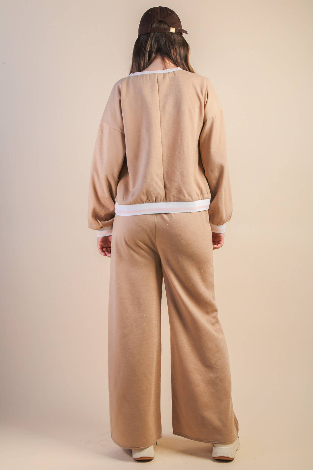 NT12382SET-Color Block Band Detail Comfy Knit Top & Pants Set