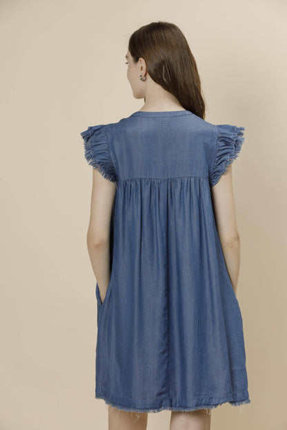 Frayed Sleeve Tencel Denim Mini Dress