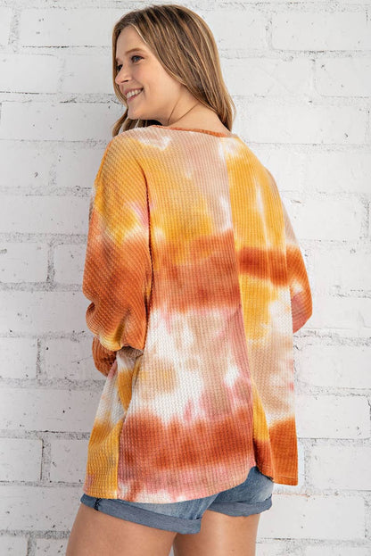 ST2256 - TIE DYE PRINTED LONG SLEEVE WAFFLE DOLMAN TOP