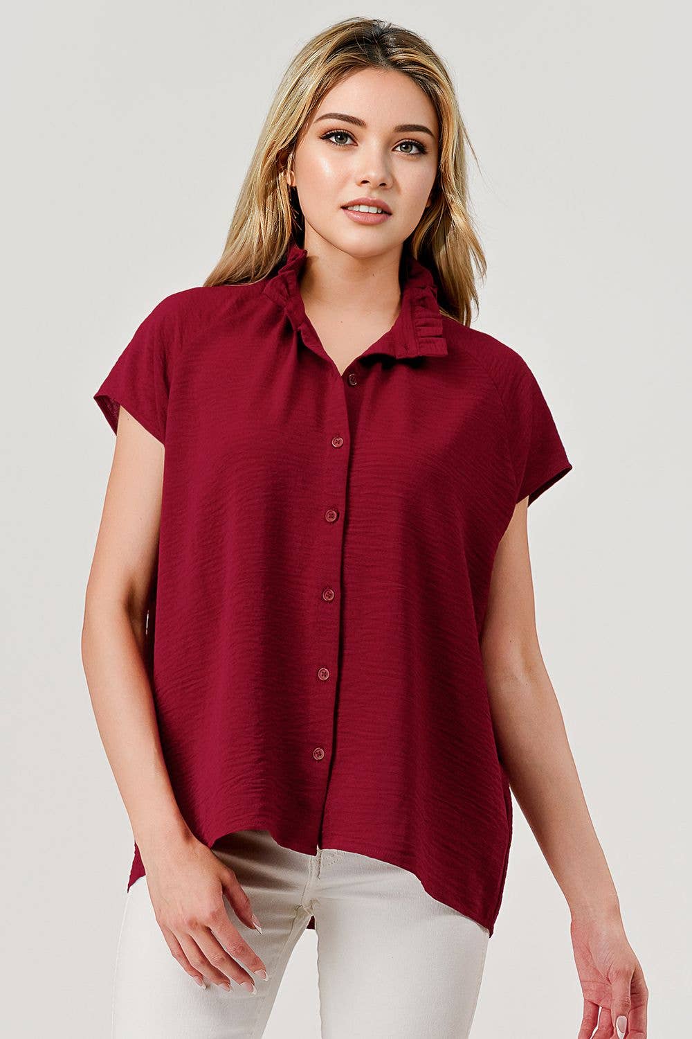 Lila Button Down Short Sleeve Game Day Top Burgundy Mbt-9919