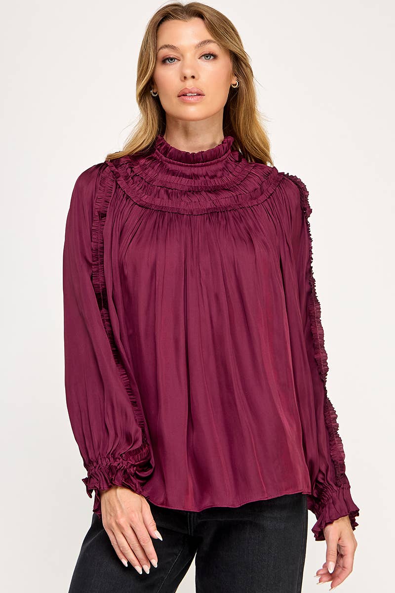 IT3477 - RUFFLED LONG SLEEVES SATIN TOP