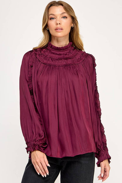 IT3477 - RUFFLED LONG SLEEVES SATIN TOP