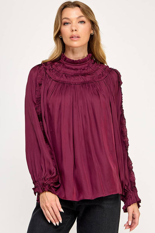 IT3477 - RUFFLED LONG SLEEVES SATIN TOP