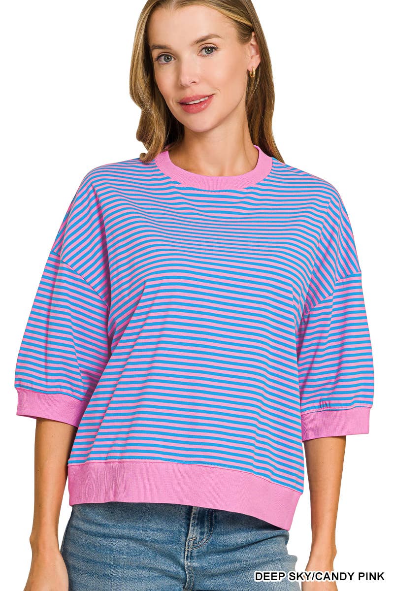 Striped Contrast Trim Banded Bottom Top - Zenana