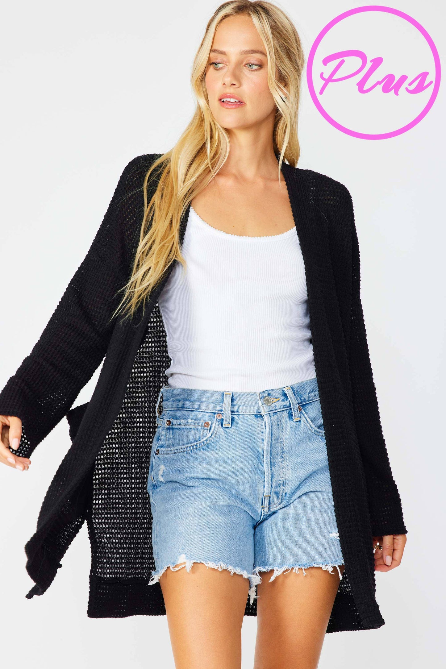 SJ1005-PLUS - WAFFLE KNIT OPEN FRONT CARDIGAN WITH POCKETS