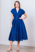 ZD49036T-ROLL-UP SLV V-NECK SMOCKING AT WAIST LONG DRESS