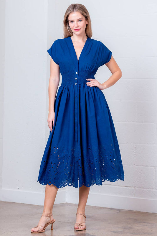 ZD49036T-ROLL-UP SLV V-NECK SMOCKING AT WAIST LONG DRESS