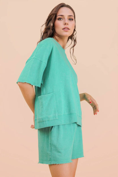 NT12429SETX-PLUS SIZE Mineral Washed Knit Casual Top & Shorts