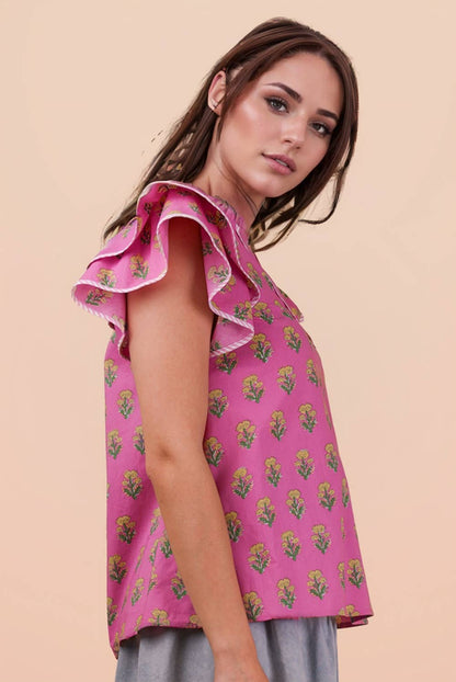 NT12444-Ruffle Sleeve Printed Woven Blouse Top