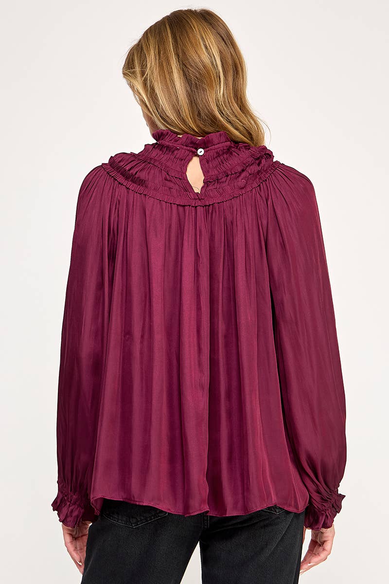 IT3477 - RUFFLED LONG SLEEVES SATIN TOP