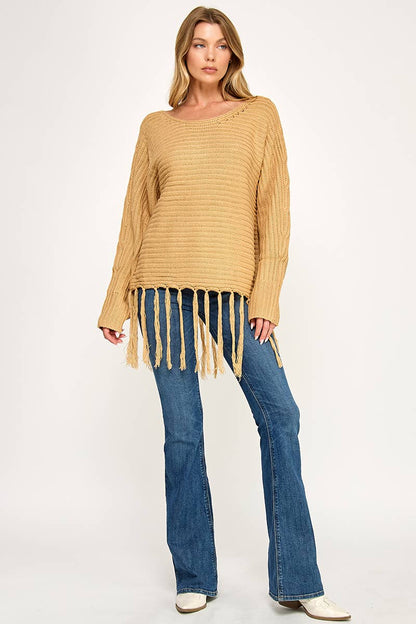 IT3453 - LONG SLEEVE SOLID BOAT NECK SWEATER WITH FRINGE
