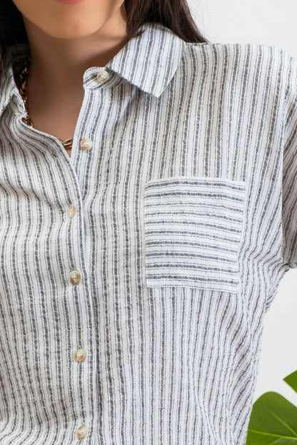 STRIPE COLLARED SHORT SLEEVE LINEN SHIRT: BLACK