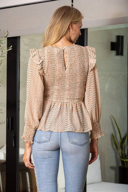 IVORY RUFFLED SHIRRING PEPLUM LONG SLEEVE TOP T9288P