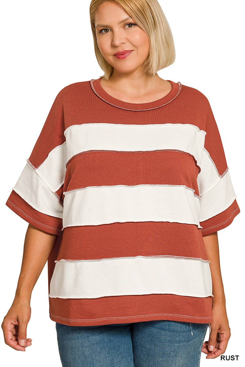 Plus French Terry Striped Exposed Seam Top - Zenana