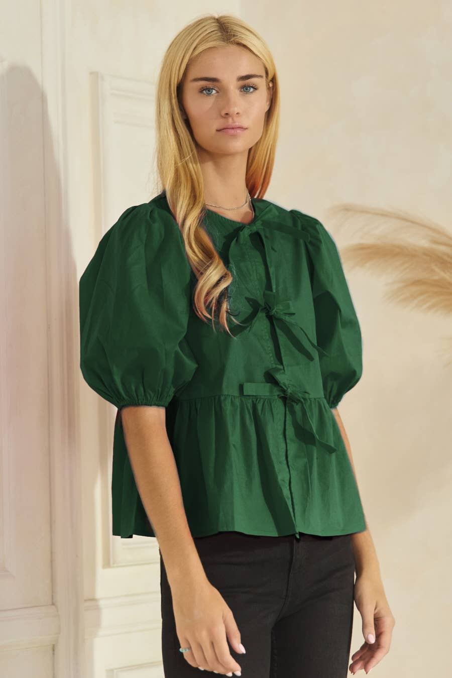 Solid Cotton Poplin Front Tie Ribbon Blouse: Burgundy / L