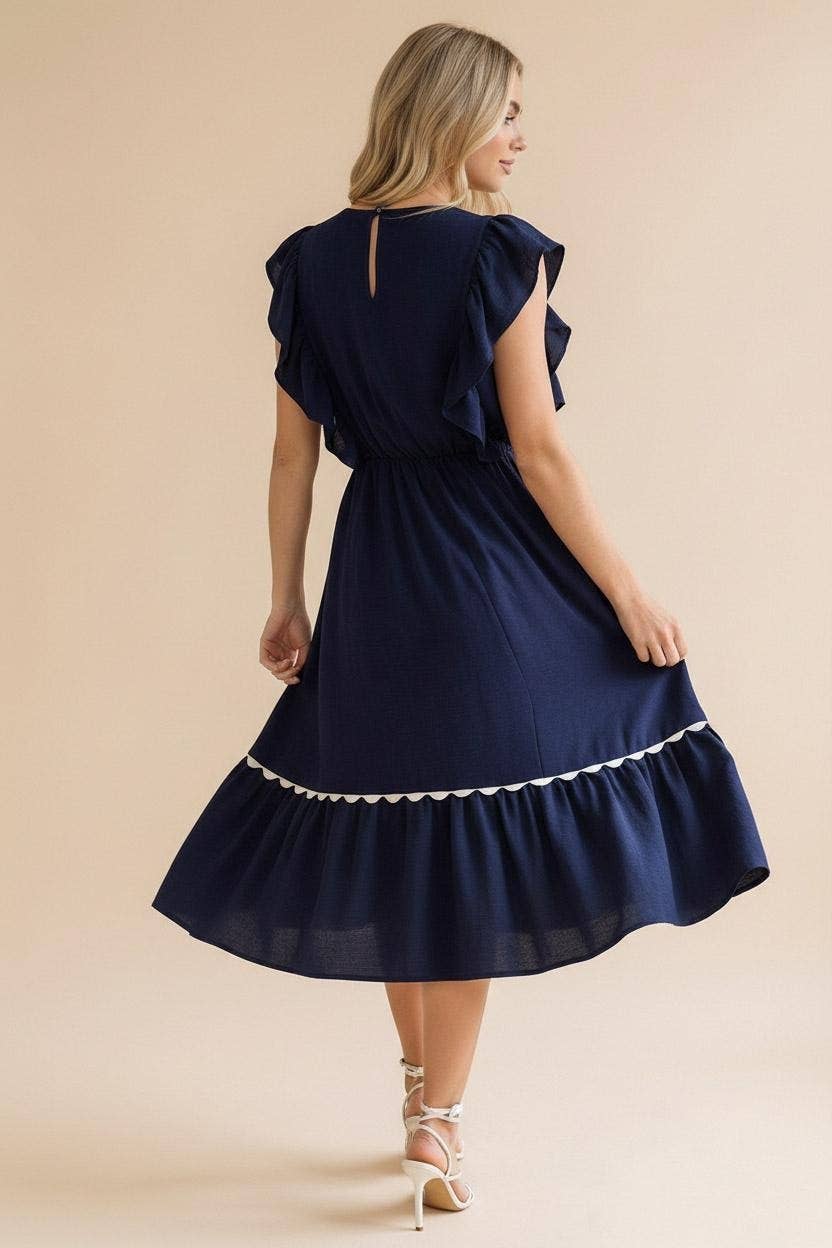 Ric Rac Ruffle Short Sleeve Midi Woven Dress