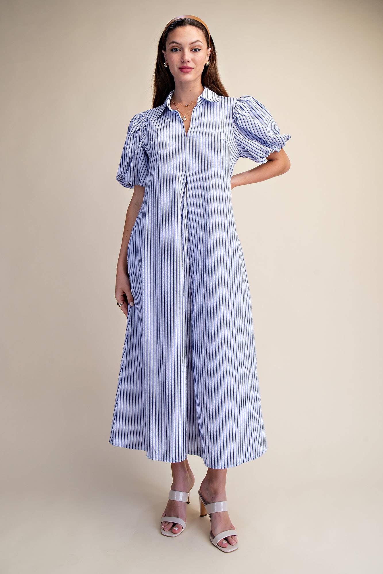 Collar V-Neck Puff Sleeve Stripe Pleated Midi Dress