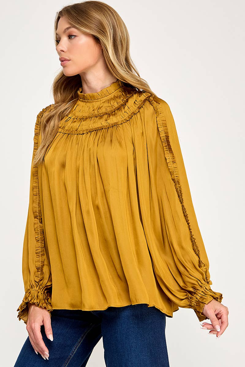 IT3477 - RUFFLED LONG SLEEVES SATIN TOP