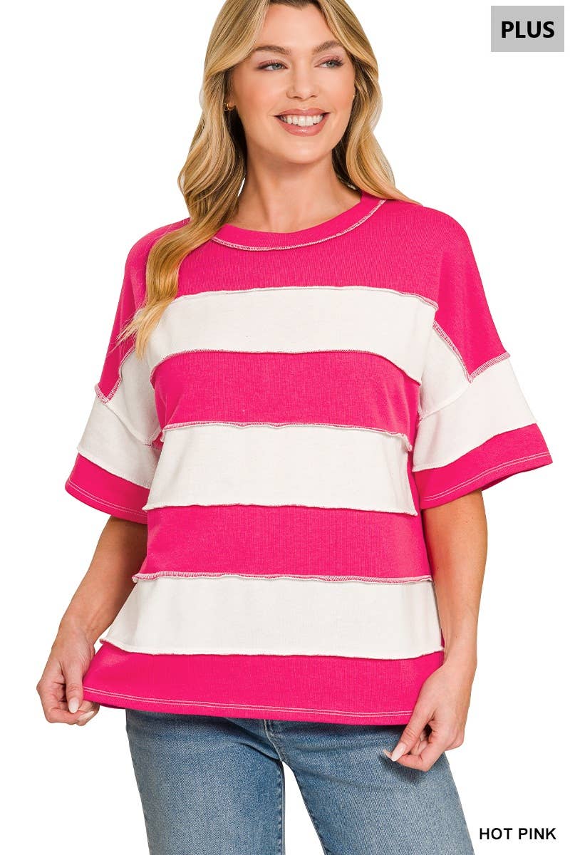 Plus French Terry Striped Exposed Seam Top - Zenana