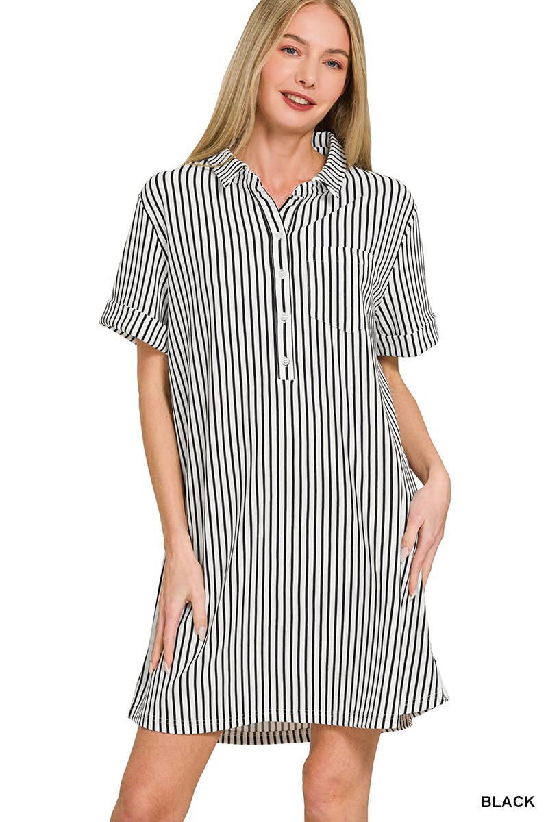 0210 Stripe Collared Half Button Up T-Shirt Dress SI-29476