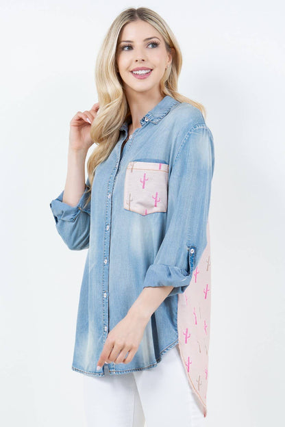 DENIM PINK COLLARED CACTUS PRINT PLUS SIZE TOP BC20002PL: Pink / Plus Size / 1XL