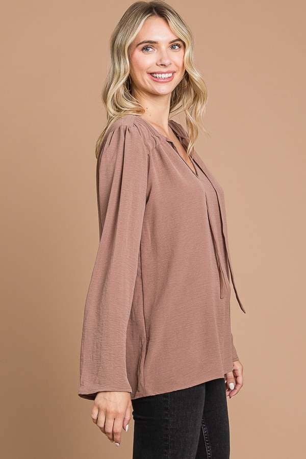 CWT1862L - RUCHING YOKE DETAIL BELL SLEEVE TOP