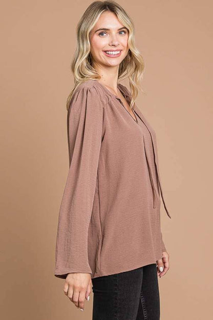 CWT1862L - RUCHING YOKE DETAIL BELL SLEEVE TOP
