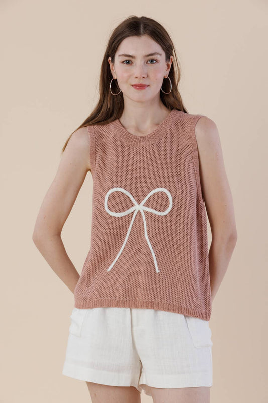 Embroidery Ribbon Knit Sweater Tank – Sleeveless Bow Vest