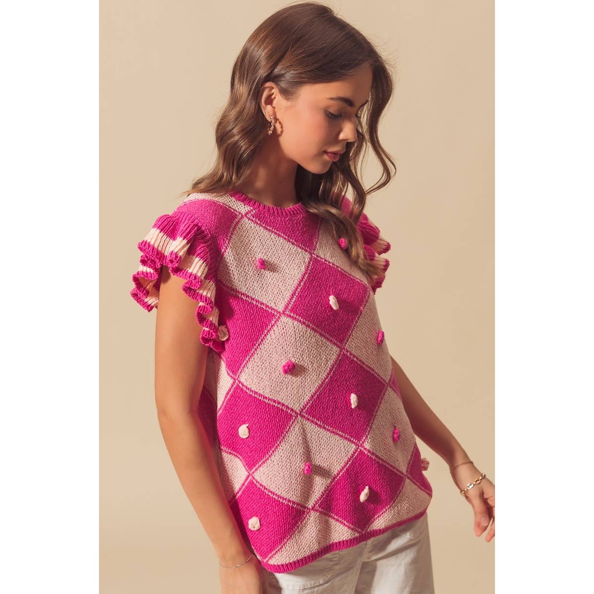 ARGYLE PATTER SWEATER TOP WITH RUFFLED SLEEVES