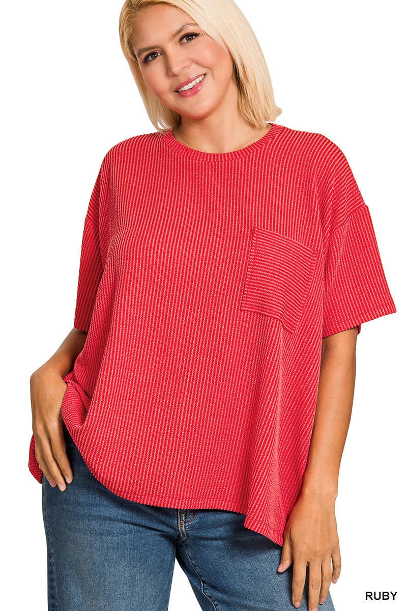 0107 Plus Raised Rib Short Sleeve Front Pocket Top SI-28942
