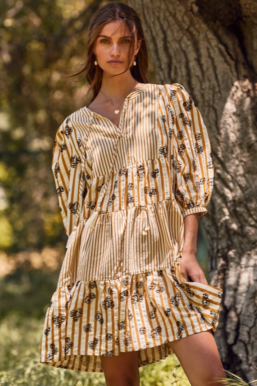 Plus Flocked Floral Striped Baby Doll Dress: Taupe Combo
