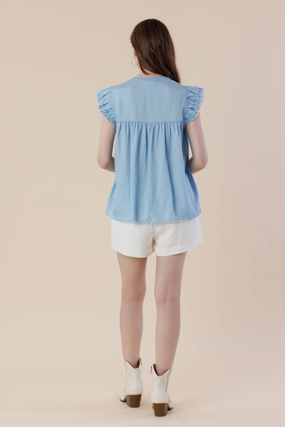 Pre-Washed Tencel Denim Frayed Ruffle Cap Sleeve Top