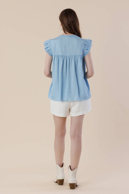 Pre-Washed Tencel Denim Frayed Ruffle Cap Sleeve Top