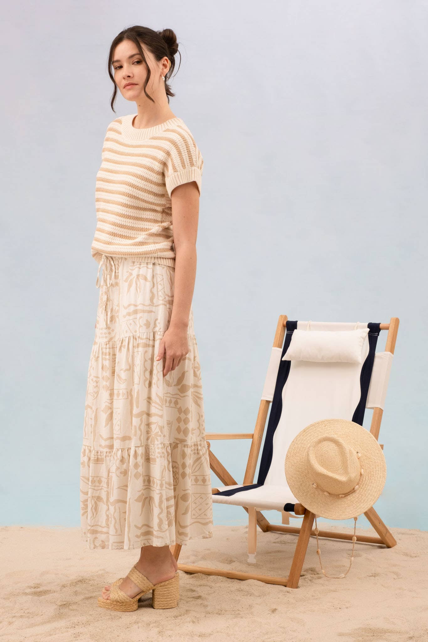 STRIPE CREW NECK SHORT SLEEVE KNIT PULLOVER