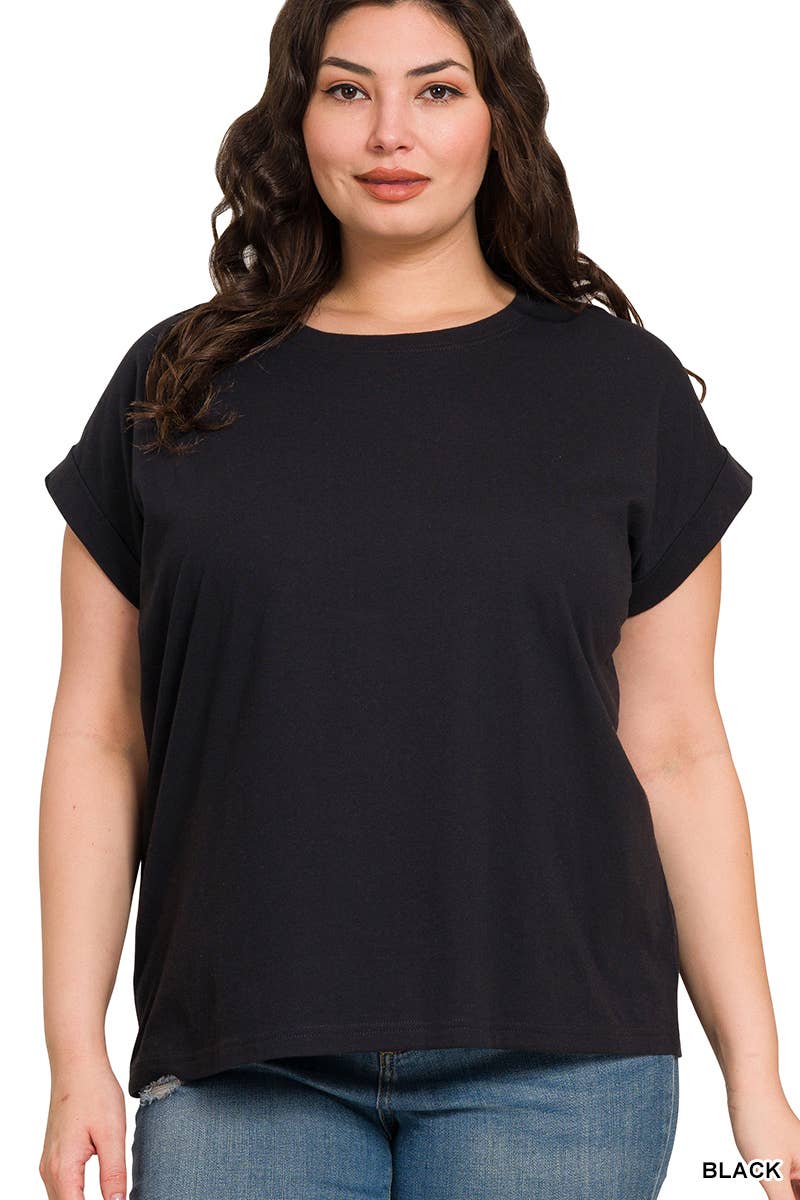 Plus Round Neck Folded Short Sleeve T Shirt - Zenana